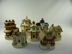 Victorian Staffordshire model of a cottage with a spaniel sat on the doorstep and six other cottage