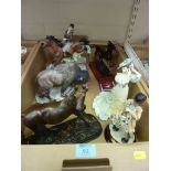 Three model horses on plinths, Coalport Age of Elegance figure, Giuseppe Armani Clown and a bull