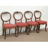 Set four Victorian mahogany balloon back dining chairs with upholstered seats,