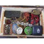 Rosewood workbox containing vintage and later coral and glass bead necklaces, brooches,