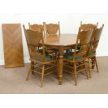 Segmented oak veneer top extending dining table and six chairs with upholstered seats W108cm x