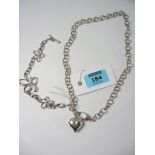 Diamond flower chain link bracelet and  heart pendant chain necklace both stamped 925