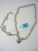 Diamond flower chain link bracelet and  heart pendant chain necklace both stamped 925