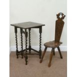 Victorian carved oak spinning chair and an oak barley twist corner table (2)