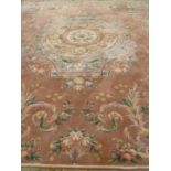 Large Chinese washed woollen pink and beige ground rug carpet,