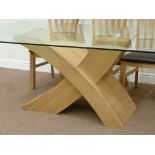 Rectangular glass top dining table with oak X framed base and eight chairs