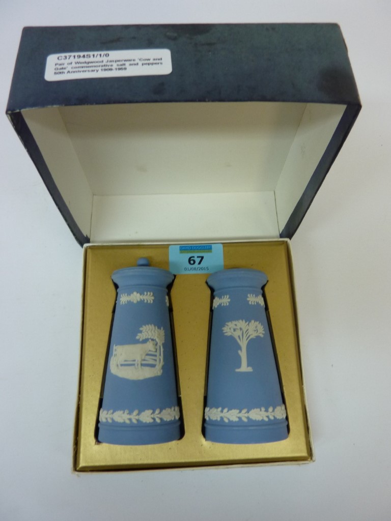 Pair of Wedgwood Jasperware 'Cow and Gate' commemorative salt and peppers 50th Anniversary