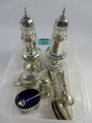 Silver three piece cruet with blue glass liners and spoons,