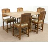 Early 20th century narrow oak barley twist drop leaf dining table and set five (4+1) oak chairs