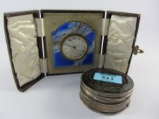 Blue enamel desk clock and a tortoiseshell and hallmarked silver box