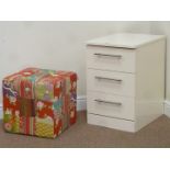 Cream piano finish three drawer pedestal chest and a patchwork footstool (2)