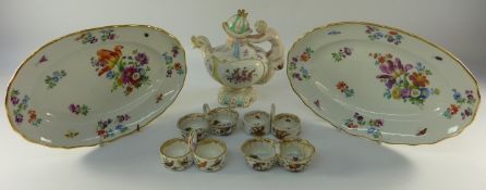 Seven Dresden pieces comprising tea pot in the form of a helmed man holding a fish H16cm,