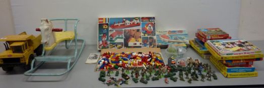 Vintage toys - Tonka 'Mighty Dump' truck, 1960s child's rocker, jigsaw puzzles, box of lego,