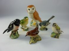 Beswick tawny owl decanter H12cm and five Beswick birds - Stonechat, Greenfinch, Goldcrest,