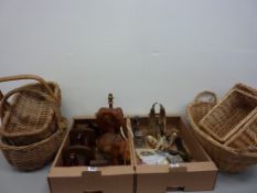 Five assorted baskets, carved wood elephants, other treen, collection of vintage beer mats,