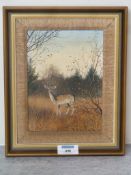 Deer in Wooded Landscape, oil on canvas signed by Neil Spilman (1951-)  18.5cm x 13.