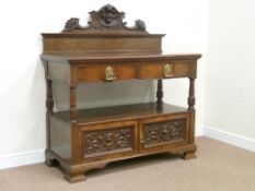 Victorian pollard oak two tier dumb waiter fitted with two drawers and cupboard enclosed by two