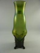 Art Nouveau Loetz type glass vase with pewter stand H29cm