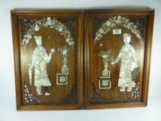 Pair early 20th century Chinese rosewood panels inlaid with mother of pearl,