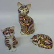 Royal Crown Derby cat paperweight and two Royal Crown Derby kitten paperweights (3)