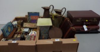 Copper jugs, Arts and Crafts period brass and copper box, old tins, collar box,