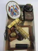 Bavarian ceramic coat of arms dated 1885, 19th century brass and bone corkscrew, brass weight,