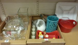 Cut crystal bowls, glass vases, Pimpernel place mats, pottery cat,