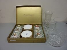 Royal Chelsea coffee service decorated with birds (boxed) and three cut glass pieces