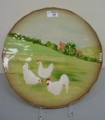 Eskdale Studio platter painted with a trio of chickens and a peeping fox D35cm (with stand)