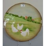 Eskdale Studio platter painted with a trio of chickens and a peeping fox D35cm (with stand)