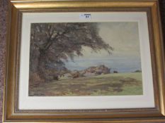 Cows by the Sea, watercolour signed by Arthur T Mudie (British fl.