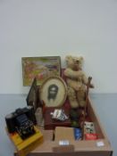 Oak fire curb with slipper box ends, vintage teddy bear, Kodak Duo 620 camera, two mirrors,