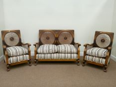 Early 20th century beech two seat bergere sofa (W124cm), and pair matching armchairs (W63cm),