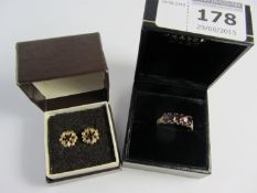 Garnet five stone ring and pair ear-rings hallmarked 9ct