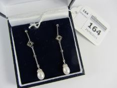 Pair of pearl and marcasite drop ear-rings stamped 925