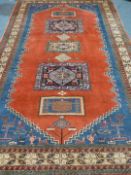 Large Turkish red and blue ground rug carpet,