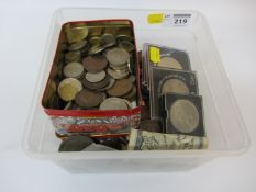 GB and world coins in a tin and a box