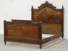 19th century French rosewood quarter veneer double headboard and footboard, carved detail,