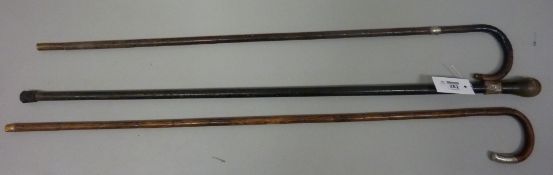 Ebonised wood walking stick with horn handle and applied silver collar and two other walking sticks