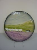 Eskdale Studio platter painted with sheep and a sheepdog D35cm (with stand)