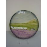 Eskdale Studio platter painted with sheep and a sheepdog D35cm (with stand)