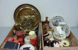 Carlton Ware sunflower dish, Bells Whisky decanters, decorative brassware, two autograph books,