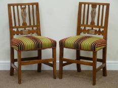 Pair George III country yew wood chairs overstuffed upholstered seats in Duresta type striped