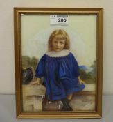 19th/20th century overpainted photographic portrait of a girl on opaque glass panel, signed 23.