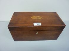 Early 19th century mahogany three division tea caddy with inlaid oak leak and acorn motif  L30cm