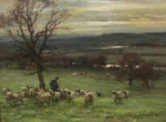 Owen Bowen (Staithes Group 1873-1967): Sheep and Cattle Grazing on a Hillside above the River