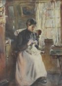 Albert George Stevens (Staithes Group 1863-1925): 'Cottage Interior' - Lady Knitting in front of a