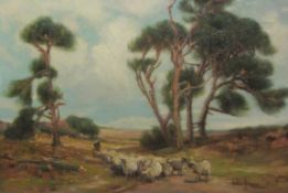 Owen Bowen (Staithes Group 1873-1967): Sheep and Shepherd on a Moorland Track with Scots Pines,