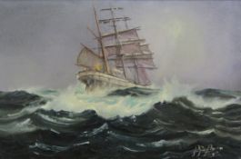 Peter Gerald Baker (British 20th century): Iron Hulled Tall Masted Ship in Heavy Seas,