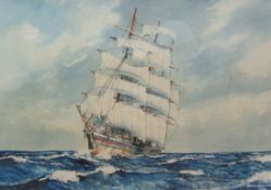 R W Underwood (Mid 20th century): Clipper ship at Sea, watercolour signed and dated 1932,